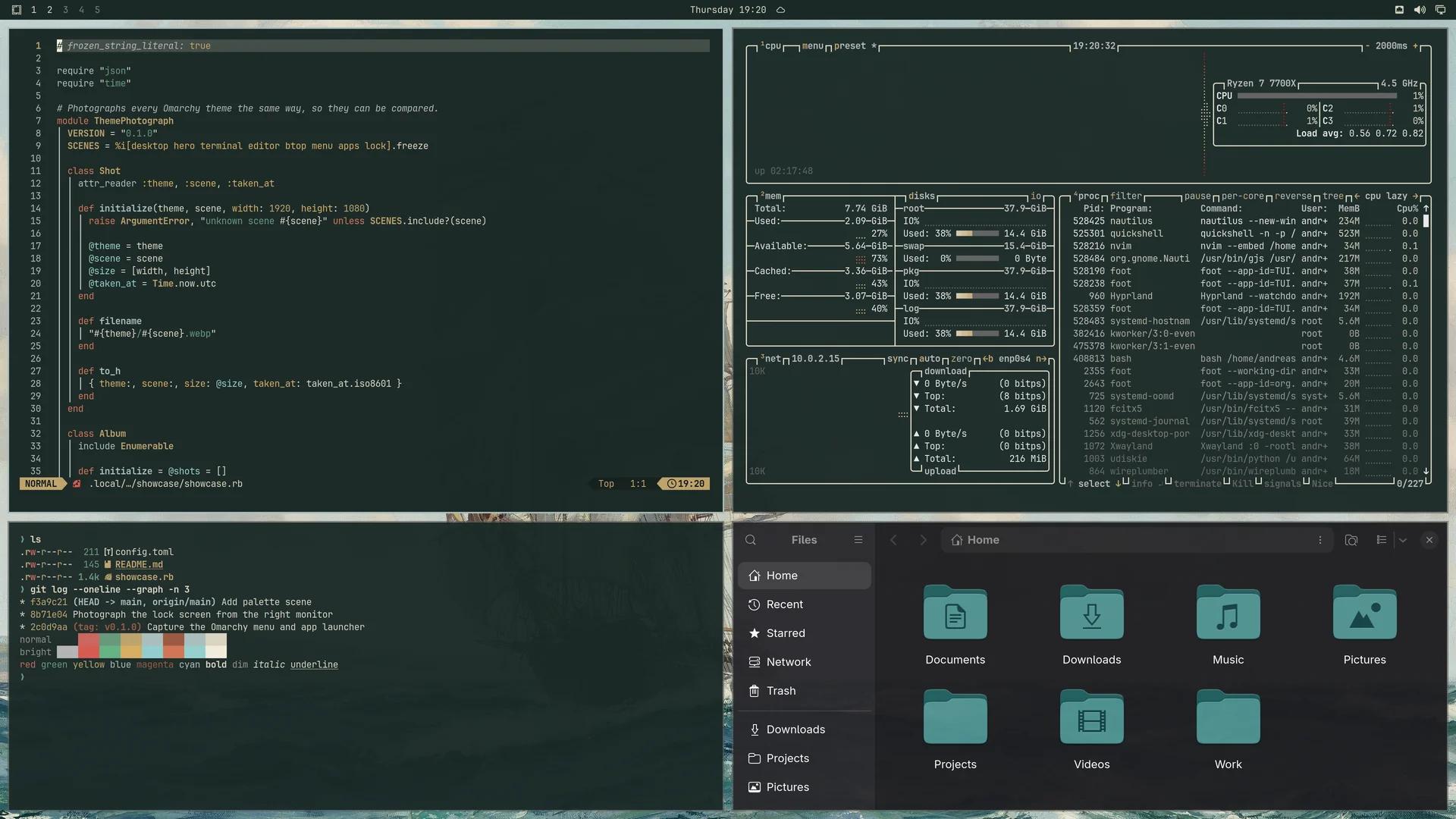 Adrift: Neovim, terminal, btop and Files