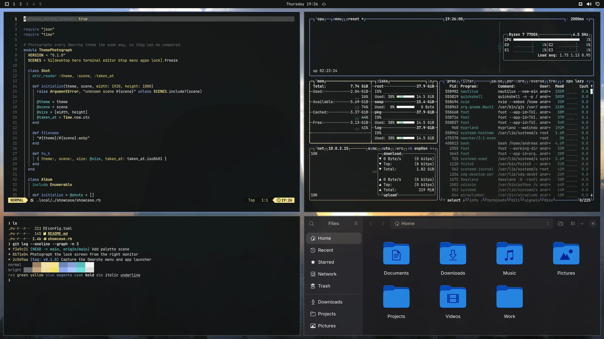 Alpenglow: Neovim, terminal, btop and Files