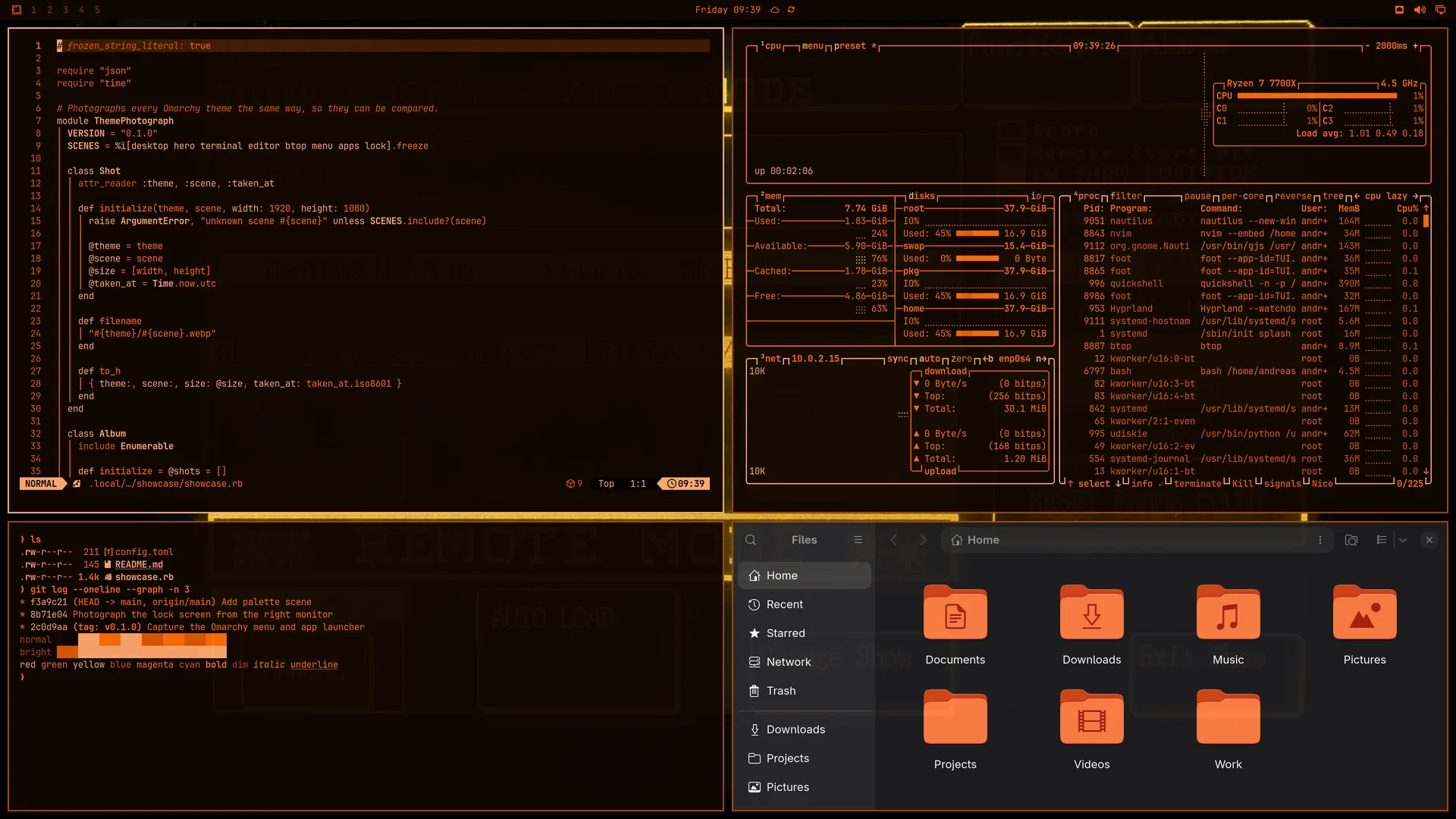 Amber Console: Neovim, terminal, btop and Files