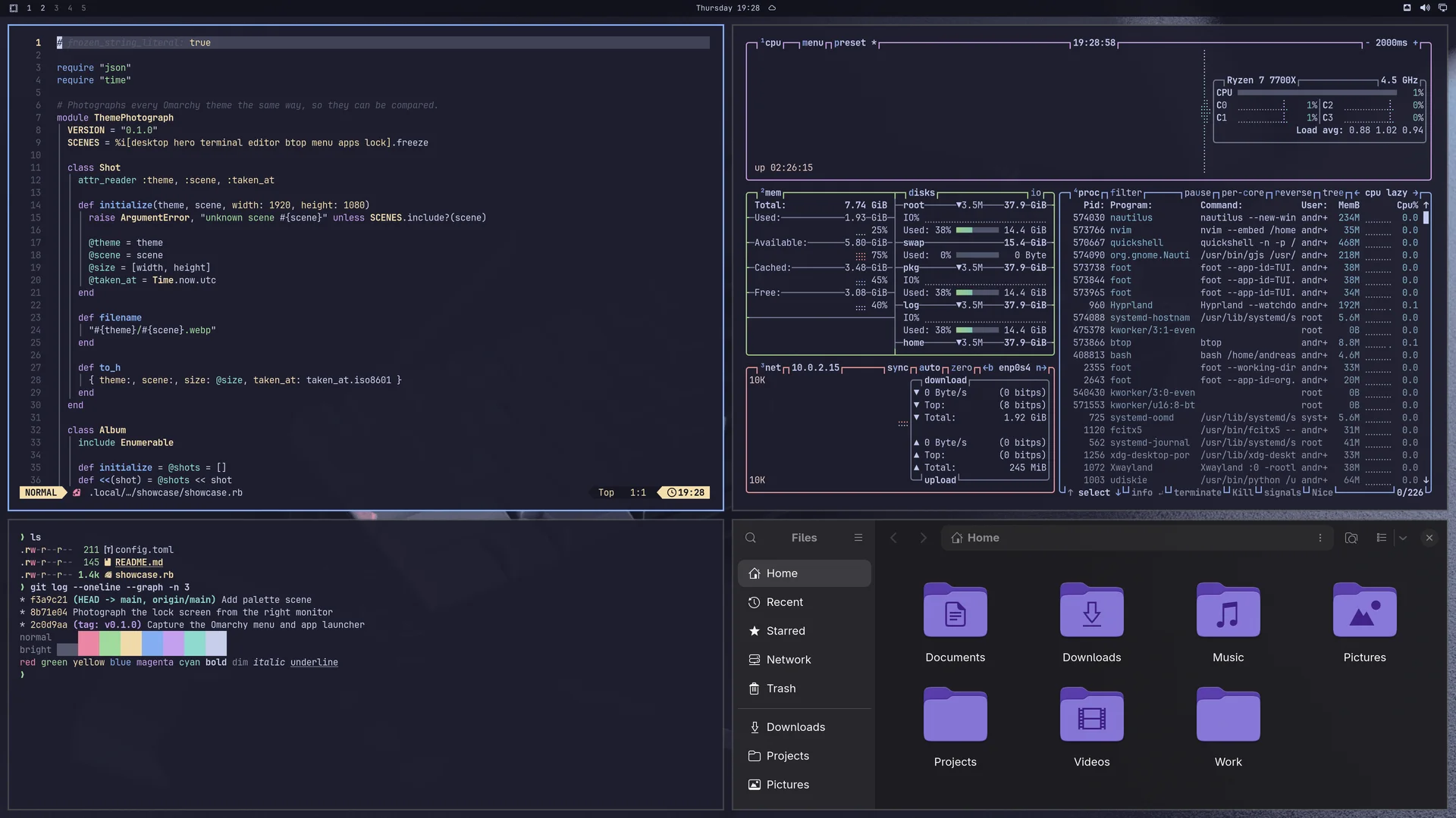 Ame Quattro: Neovim, terminal, btop and Files