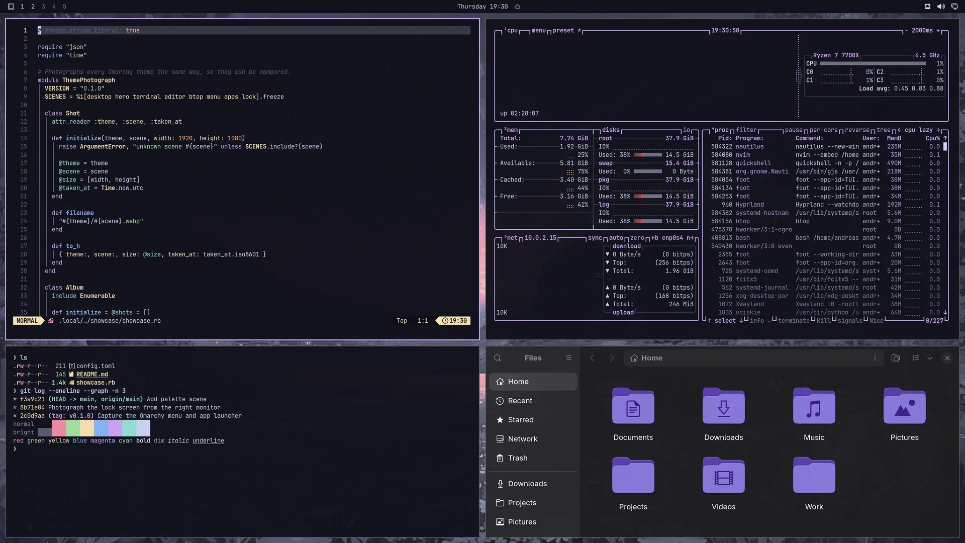 Amethyst: Neovim, terminal, btop and Files
