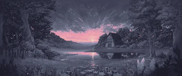 Amethyst wallpaper: anime lake cottage sunset