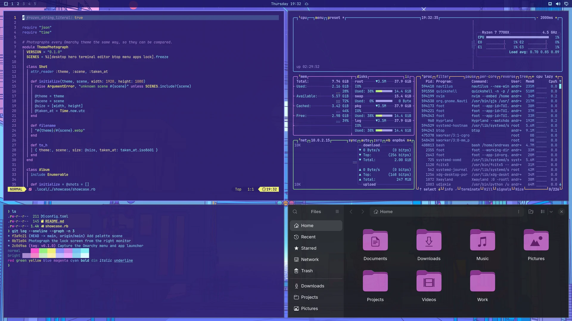 Aonagi: Neovim, terminal, btop and Files