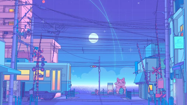 Aonagi wallpaper: moonlit rail crossing