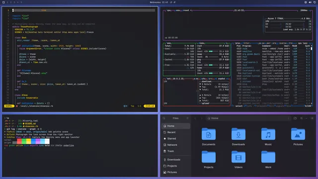 Apple Glass: Neovim, terminal, btop and Files