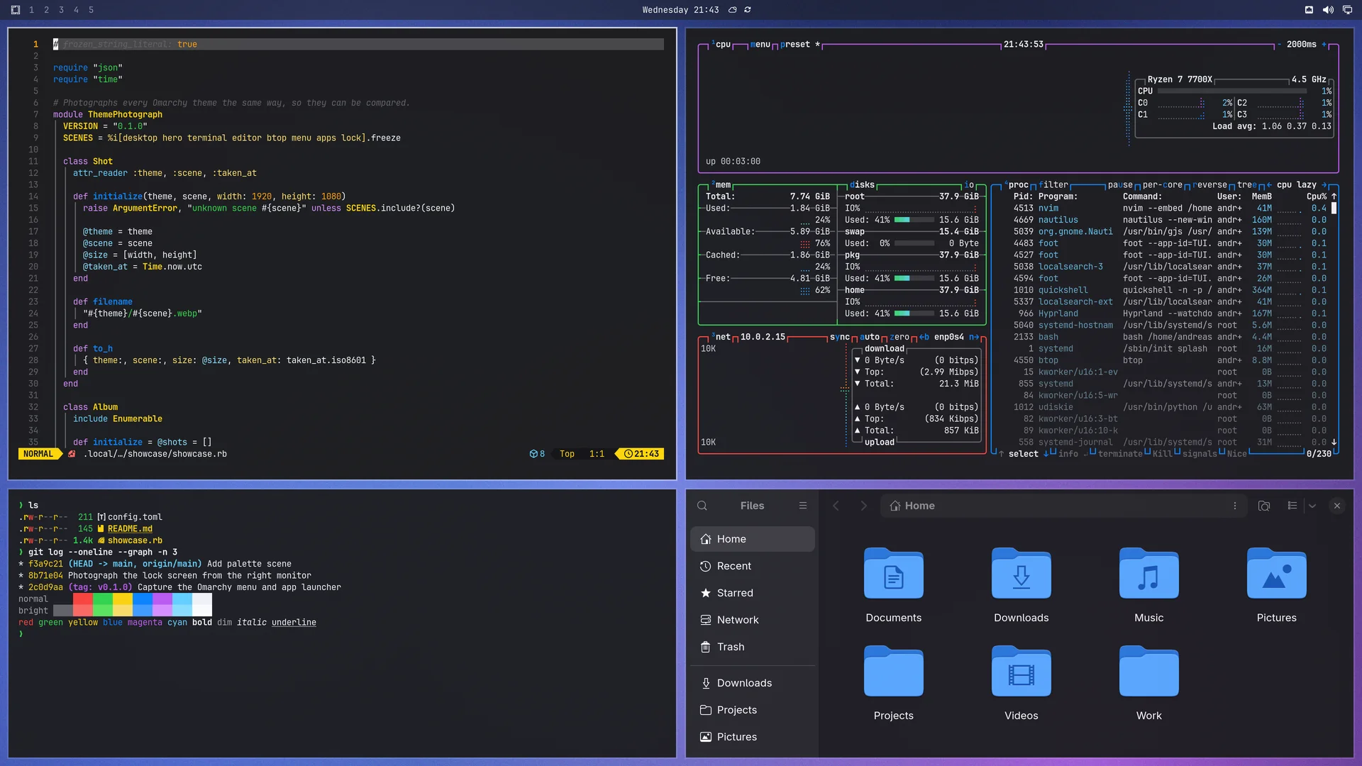 Apple Glass: Neovim, terminal, btop and Files