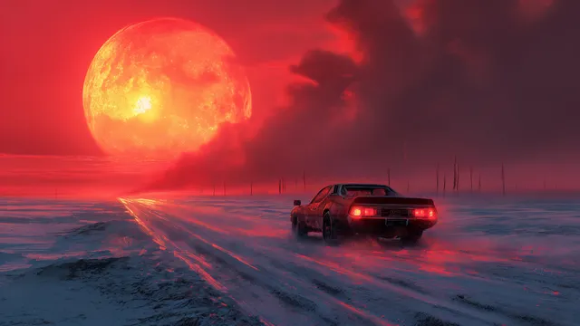 Auto wallpaper: muscle car ice road red moon