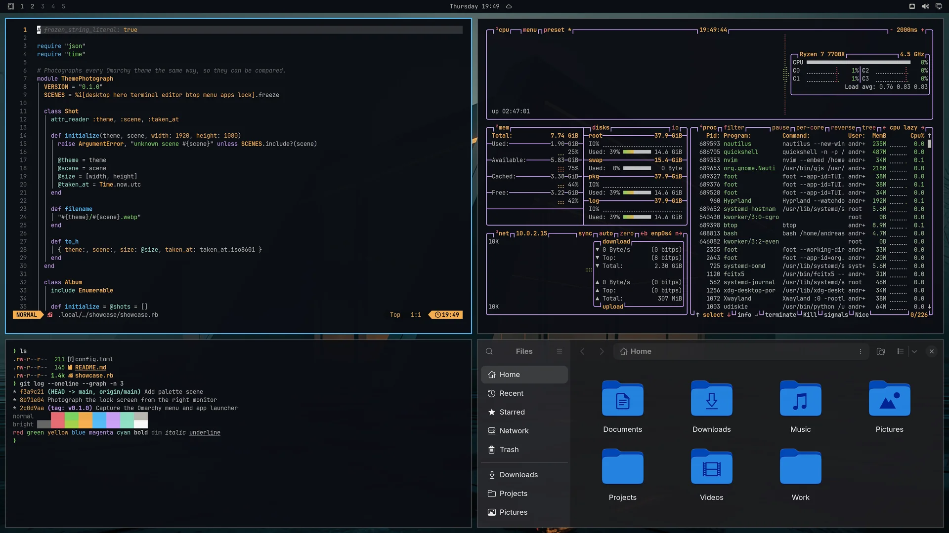Ayu Dark: Neovim, terminal, btop and Files