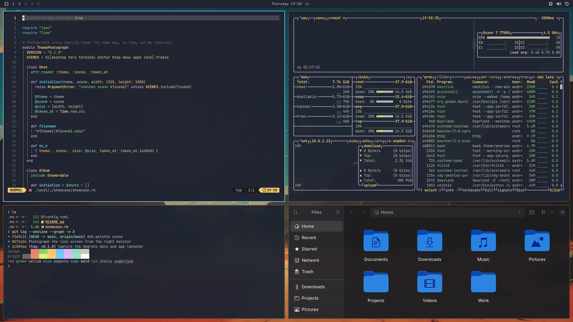Ayu Mirage: Neovim, terminal, btop and Files