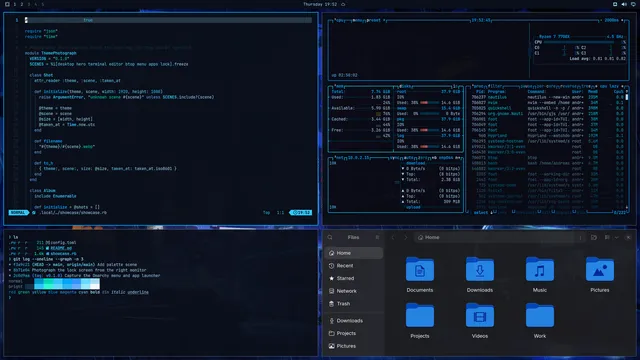 Azure Glow: Neovim, terminal, btop and Files