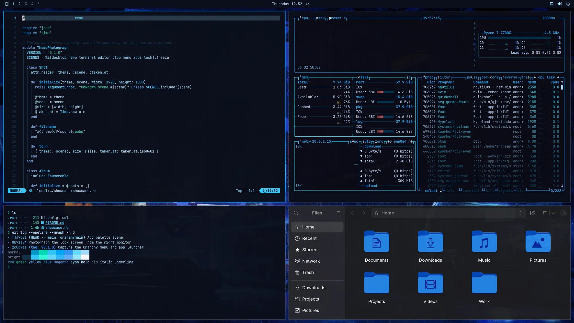 Azure Glow: Neovim, terminal, btop and Files