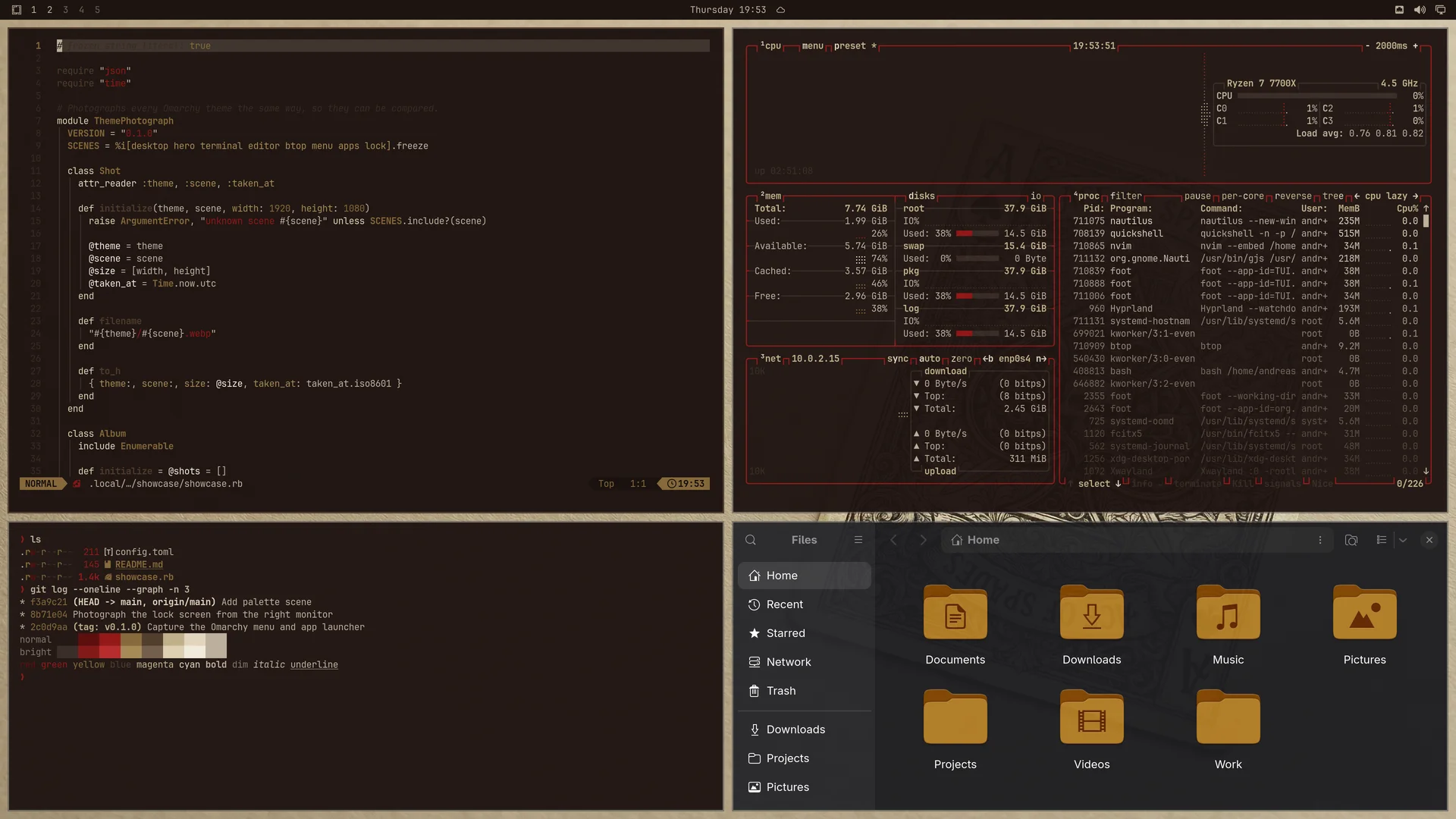 Bad Hand: Neovim, terminal, btop and Files