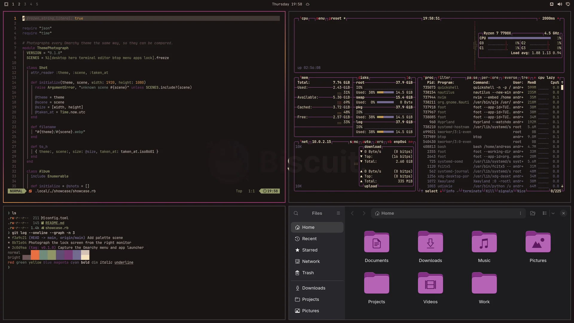 Biscuit de Mar Dark: Neovim, terminal, btop and Files