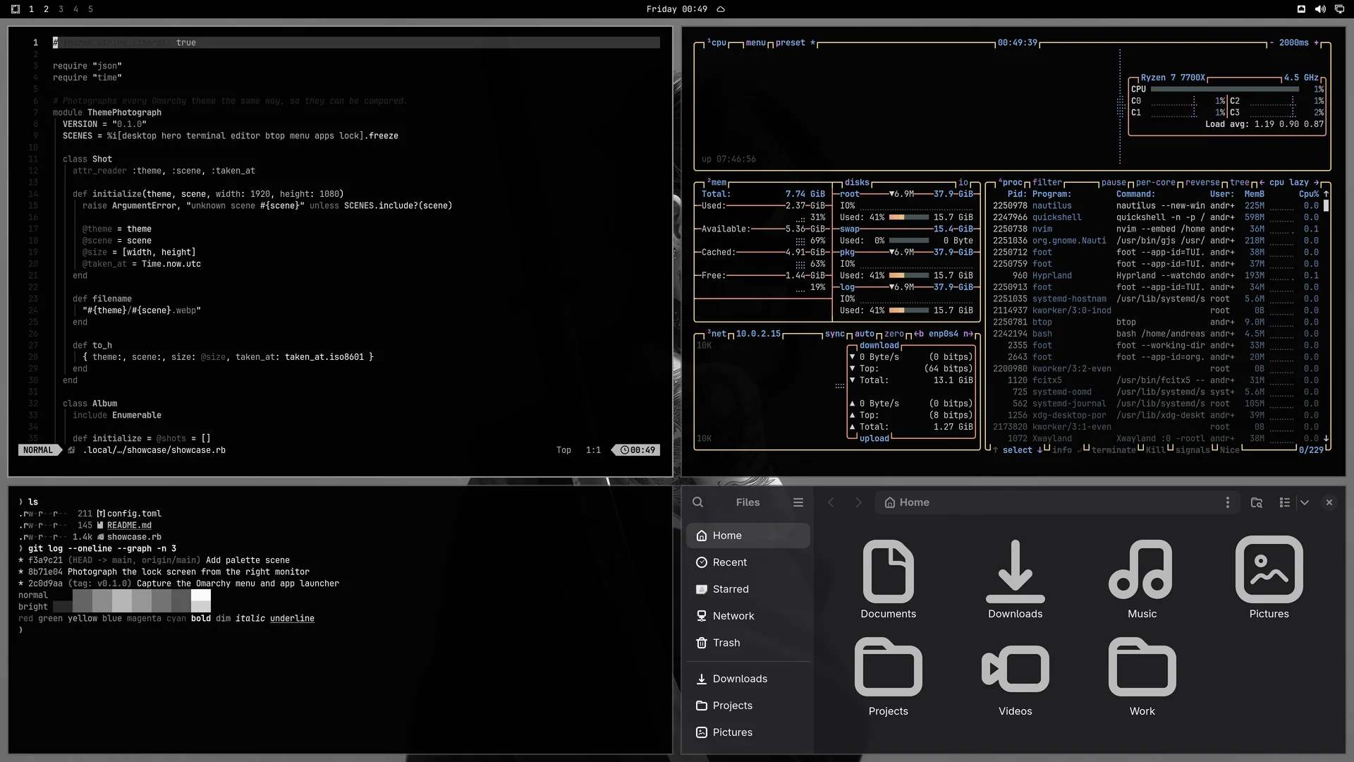 Black Arch: Neovim, terminal, btop and Files