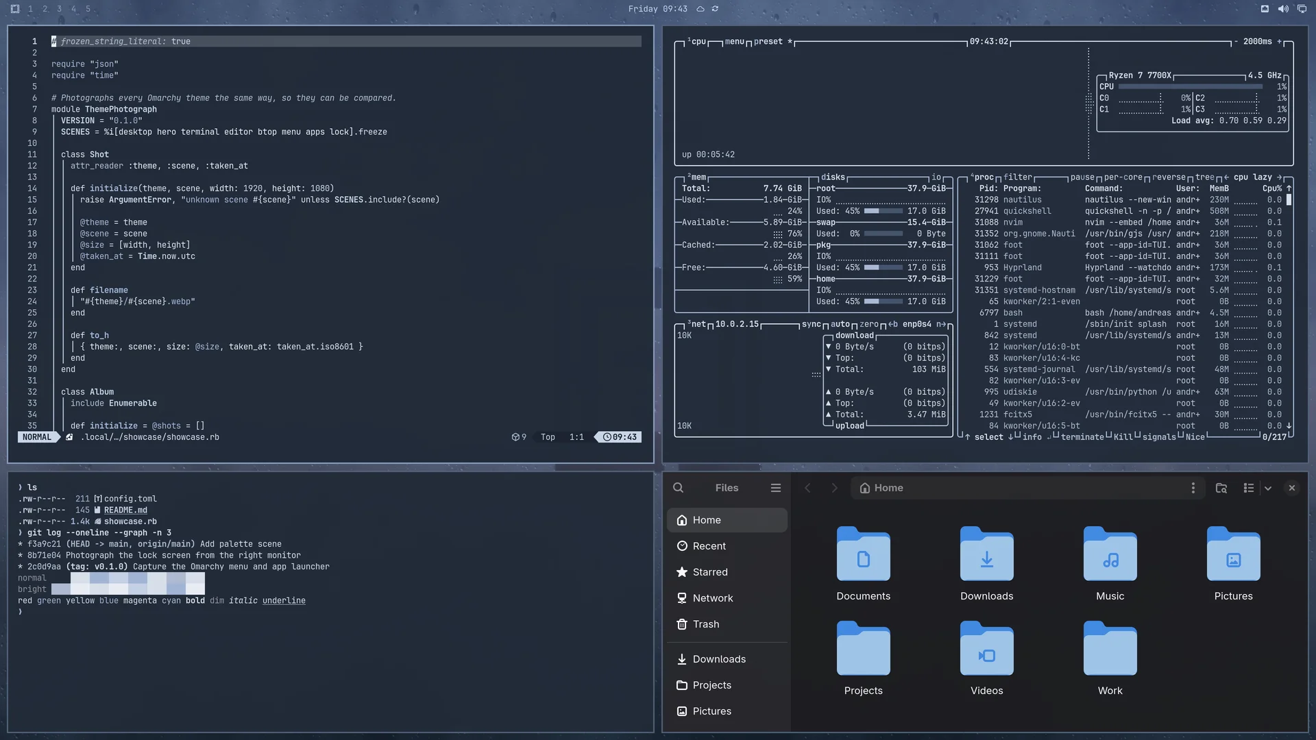Blue Hour: Neovim, terminal, btop and Files