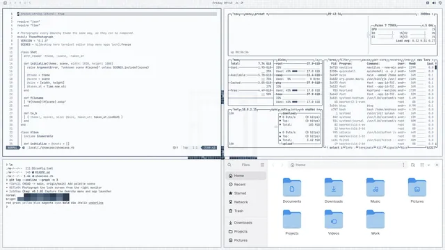 Blue Mosaic: Neovim, terminal, btop and Files