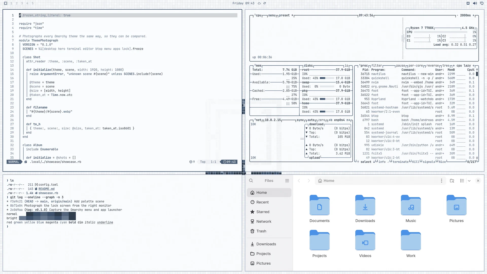 Blue Mosaic: Neovim, terminal, btop and Files