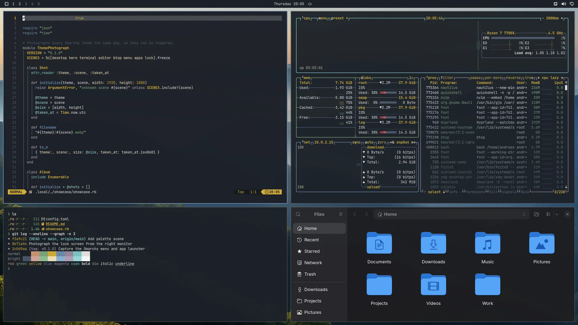 Blue Ridge Dark: Neovim, terminal, btop and Files