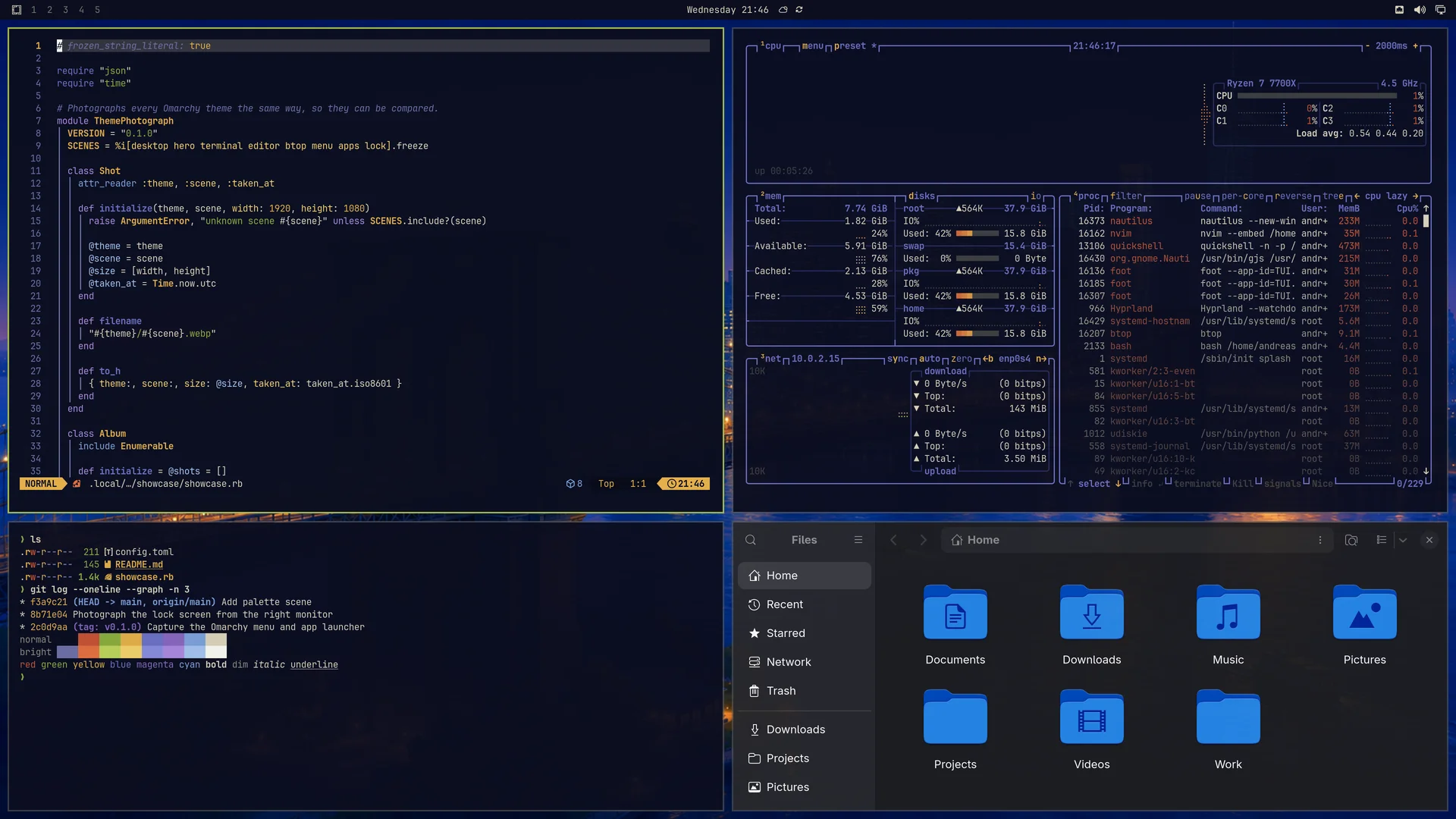 Bridge: Neovim, terminal, btop and Files