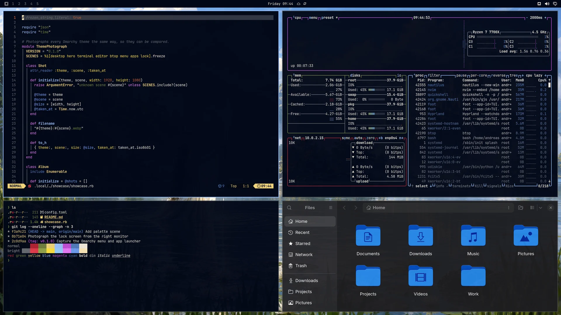 Camelot: Neovim, terminal, btop and Files