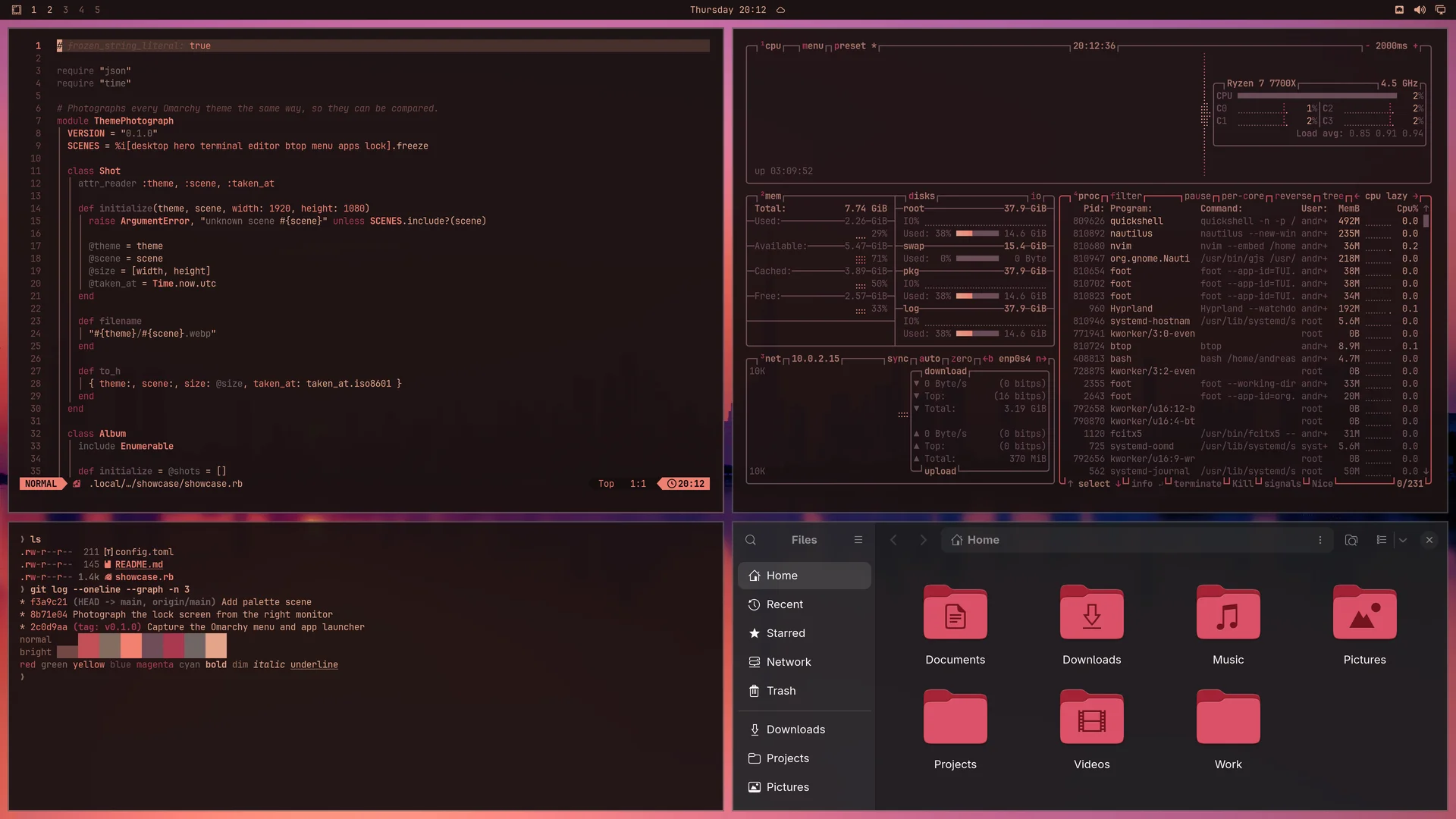 Caroline Skyline: Neovim, terminal, btop and Files