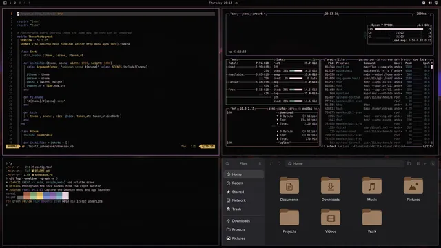 Castle on a Lake: Neovim, terminal, btop and Files