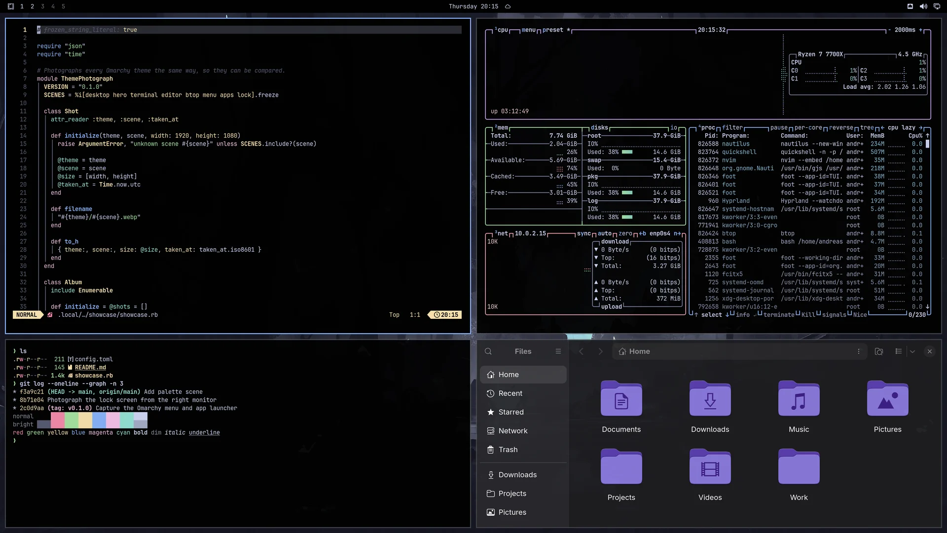 Catppuccin Mocha Dark: Neovim, terminal, btop and Files
