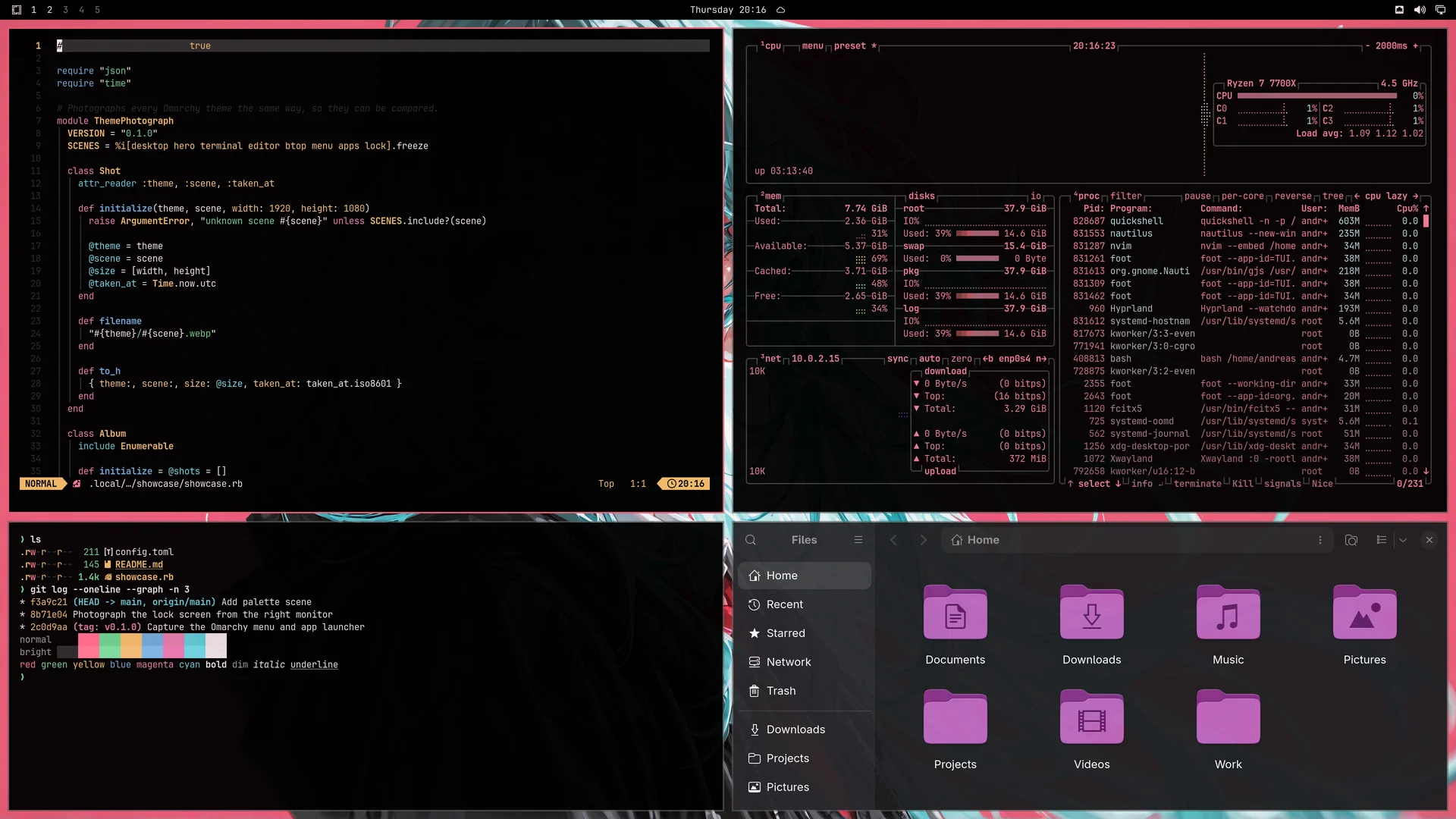 Cherry Noir: Neovim, terminal, btop and Files