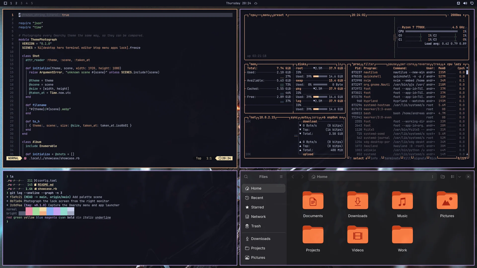 Coppernight: Neovim, terminal, btop and Files