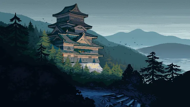 Coppernight wallpaper: japanese castle pixel digital art