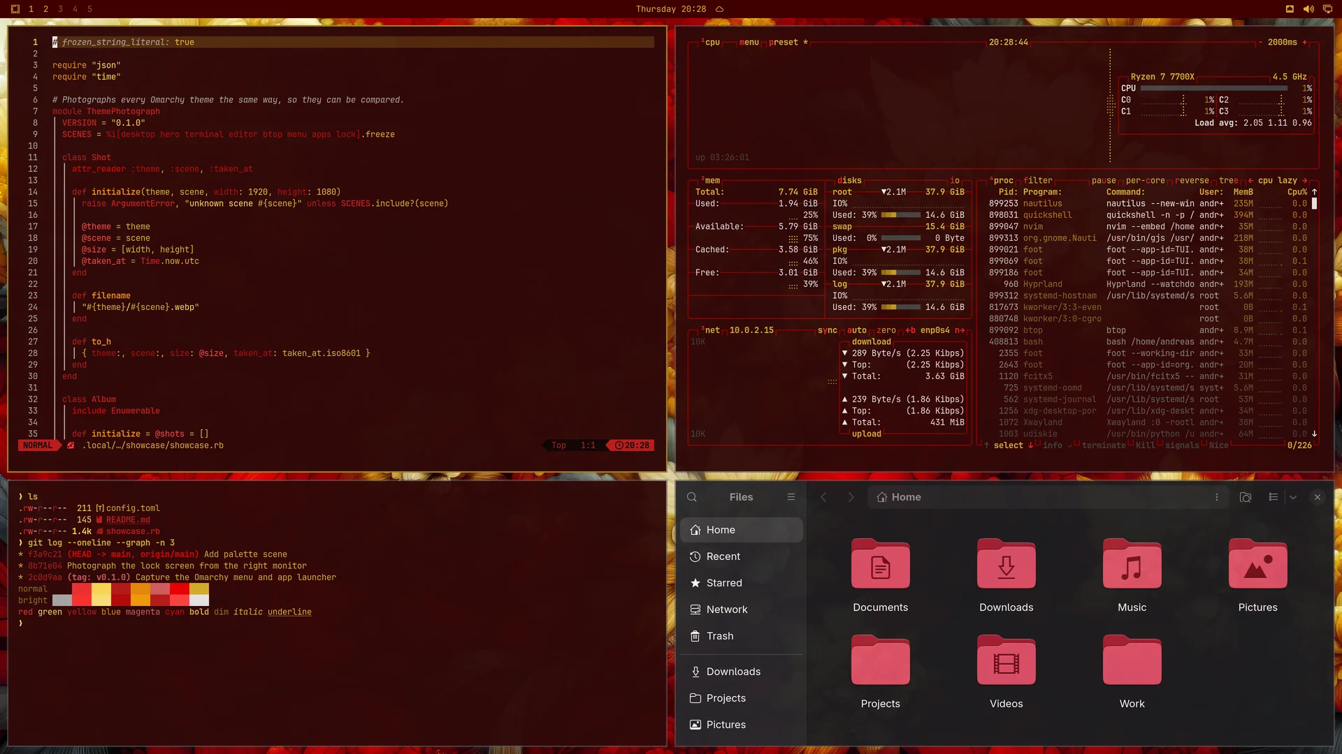 Crimson Gold: Neovim, terminal, btop and Files
