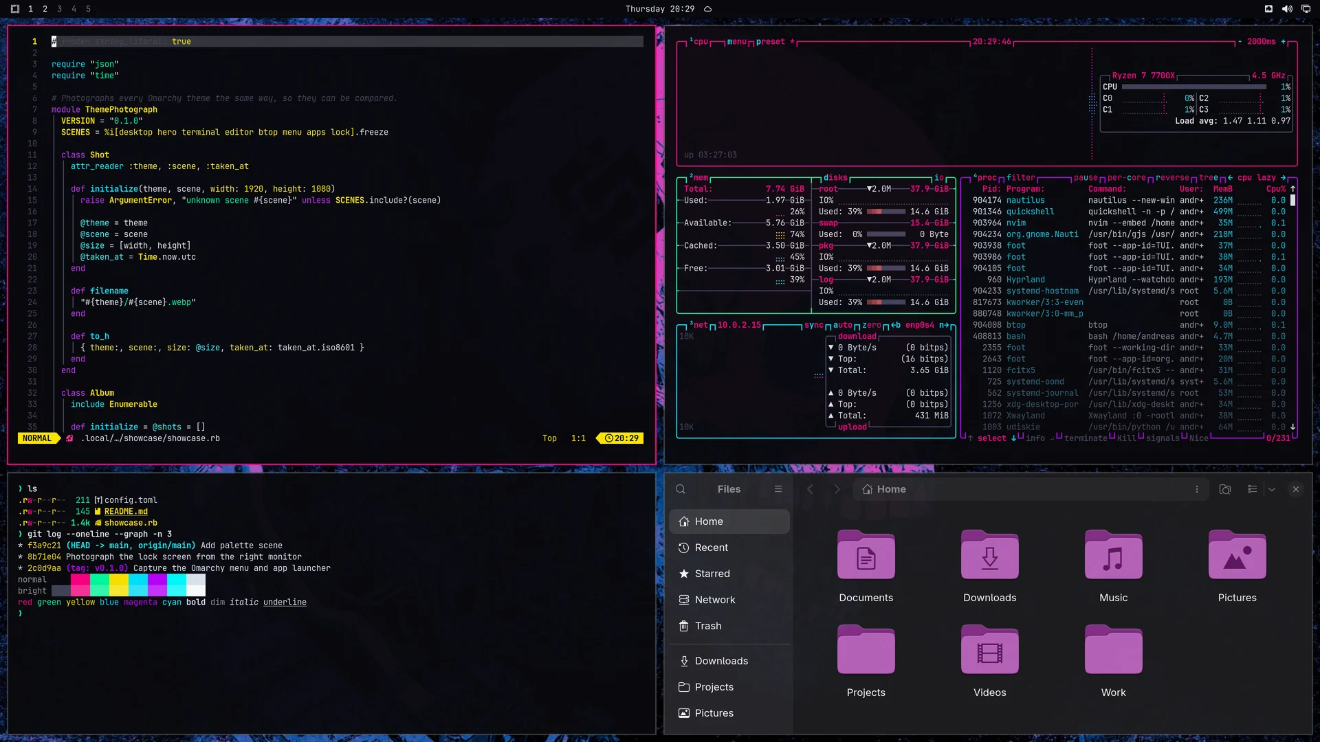 Cyber Aura: Neovim, terminal, btop and Files