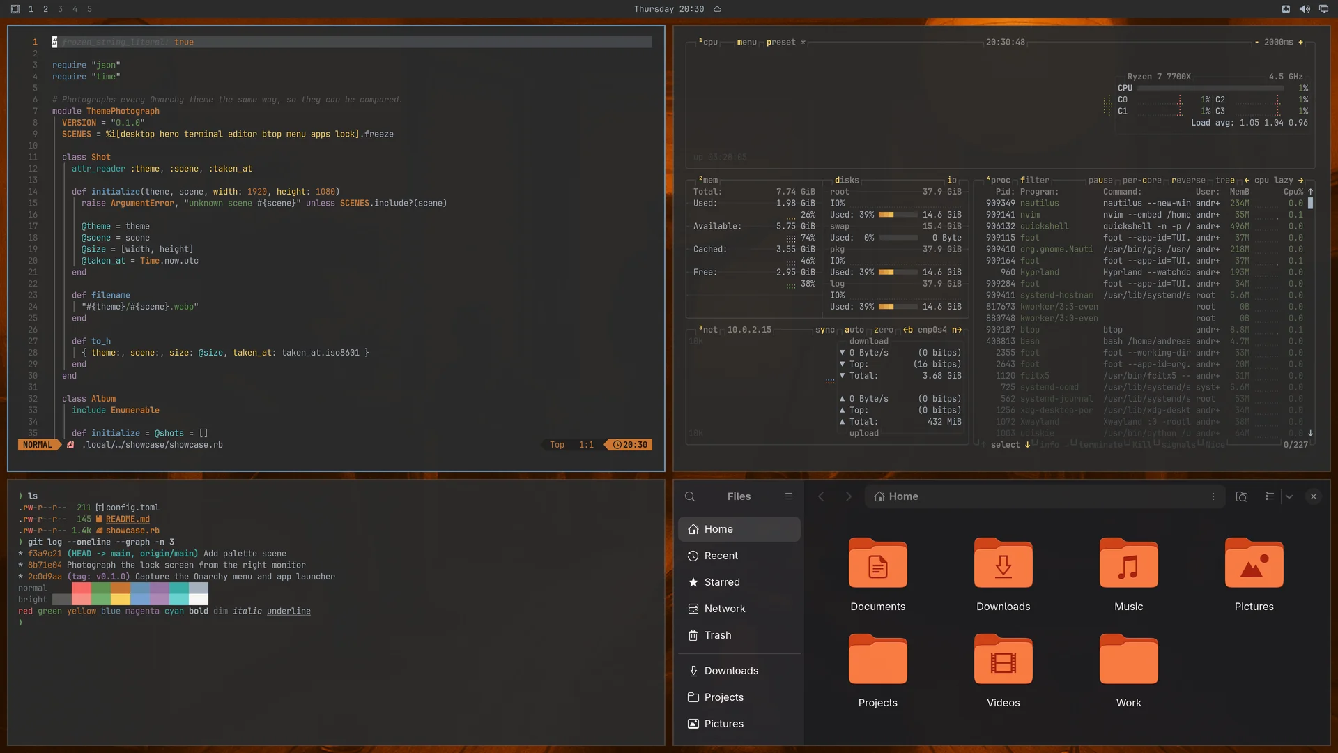 Darcula: Neovim, terminal, btop and Files