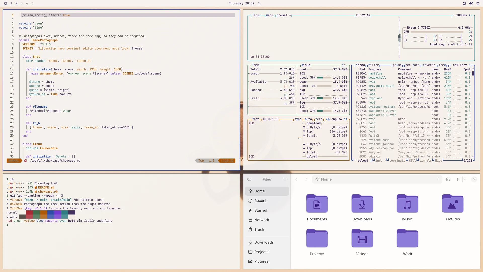 Dayfox: Neovim, terminal, btop and Files