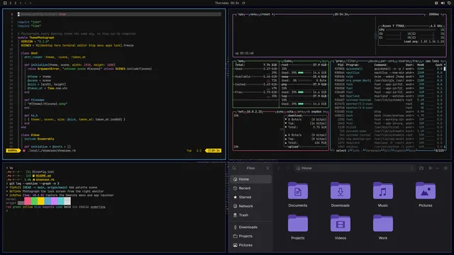 Dazzle Dusk: Neovim, terminal, btop and Files