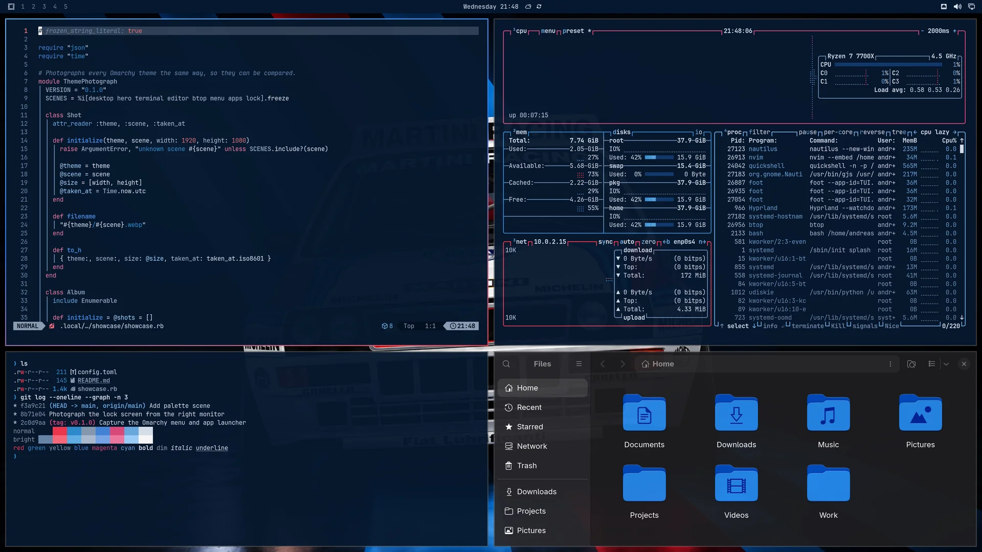 Delta Dark: Neovim, terminal, btop and Files