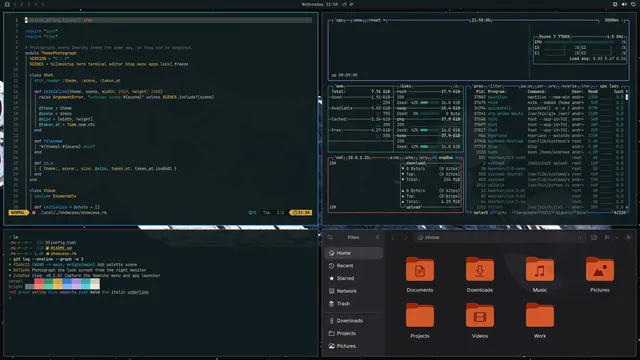 Neovim, terminal, btop and Files