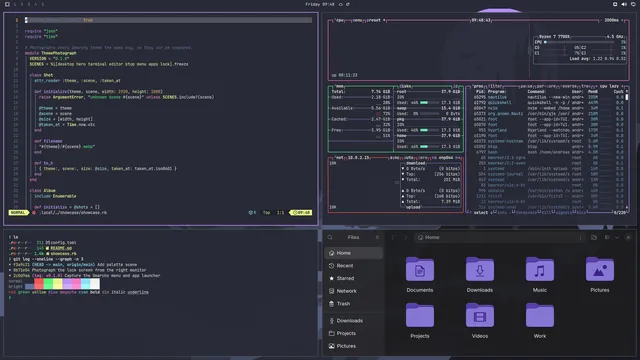 Neovim, terminal, btop and Files