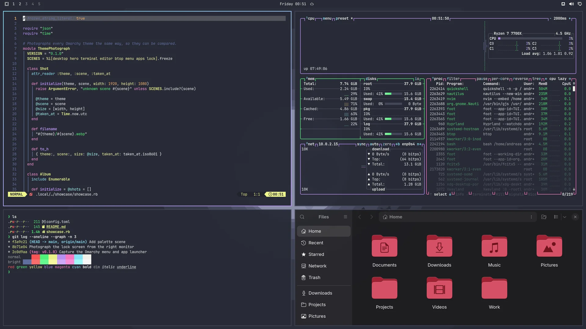Dracula: Neovim, terminal, btop and Files