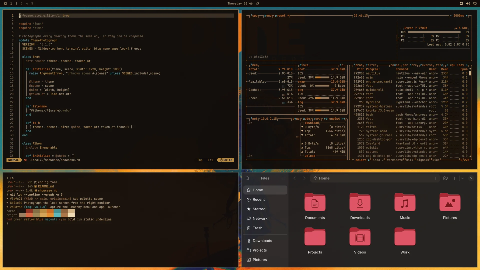Dune: Neovim, terminal, btop and Files