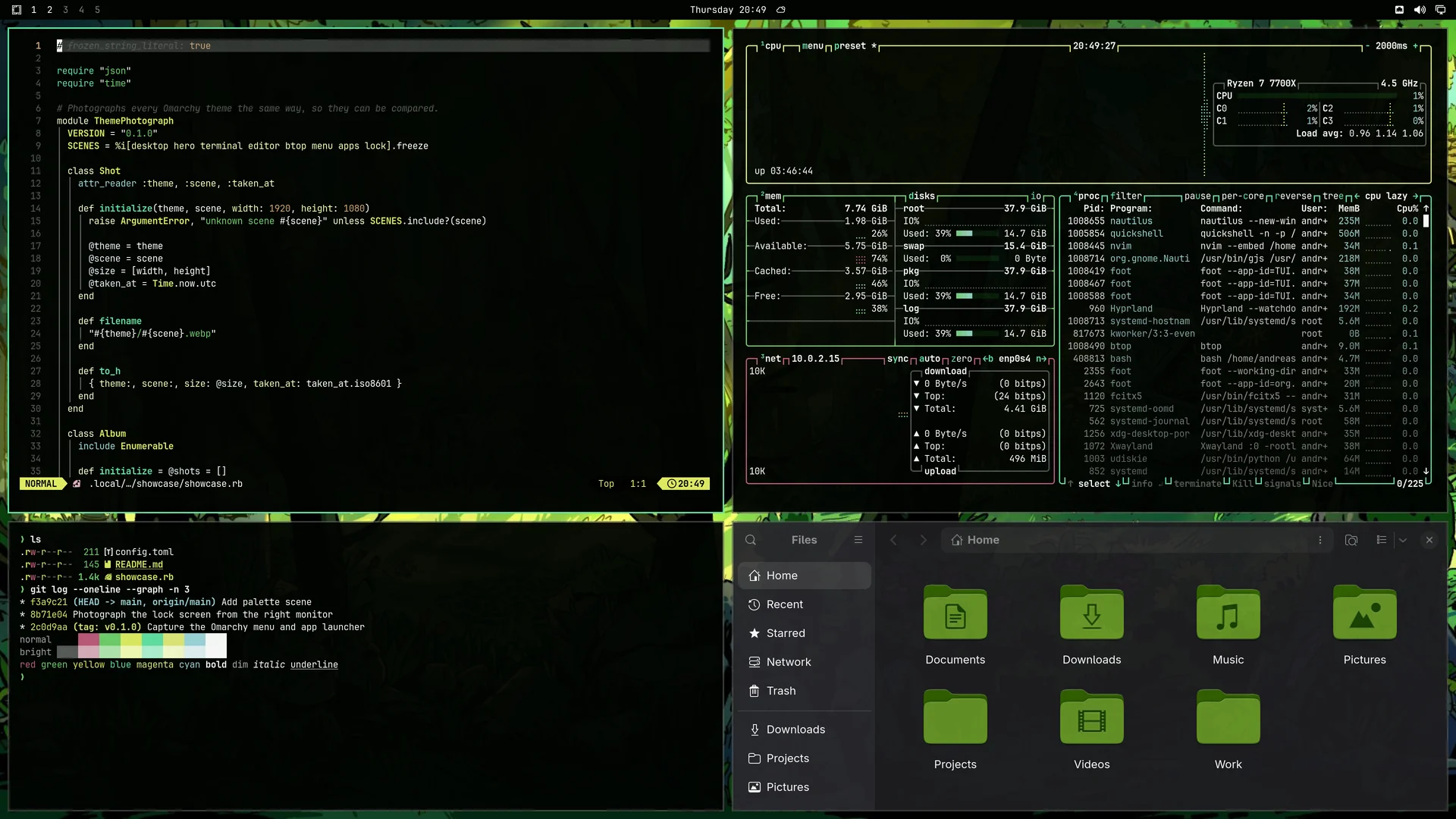 Elysian: Neovim, terminal, btop and Files