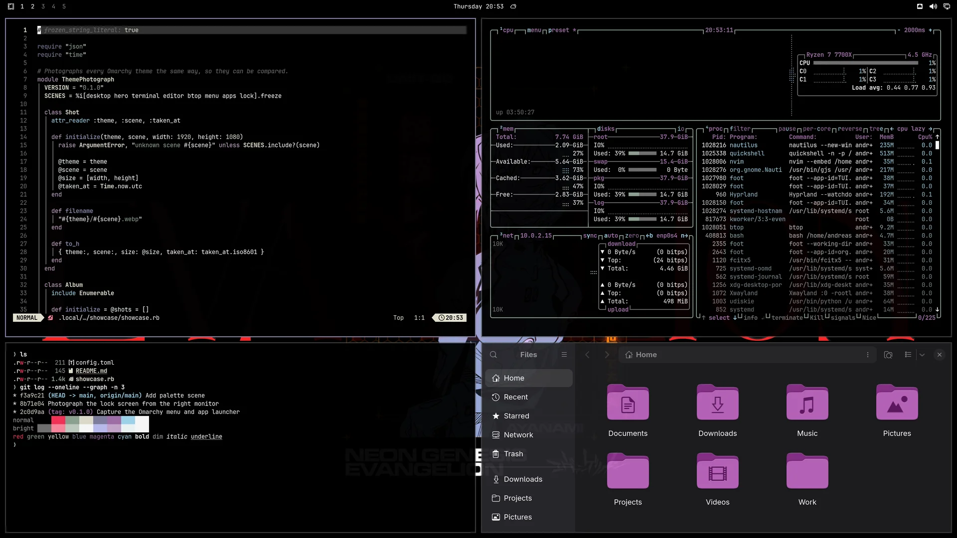 Eva: Neovim, terminal, btop and Files