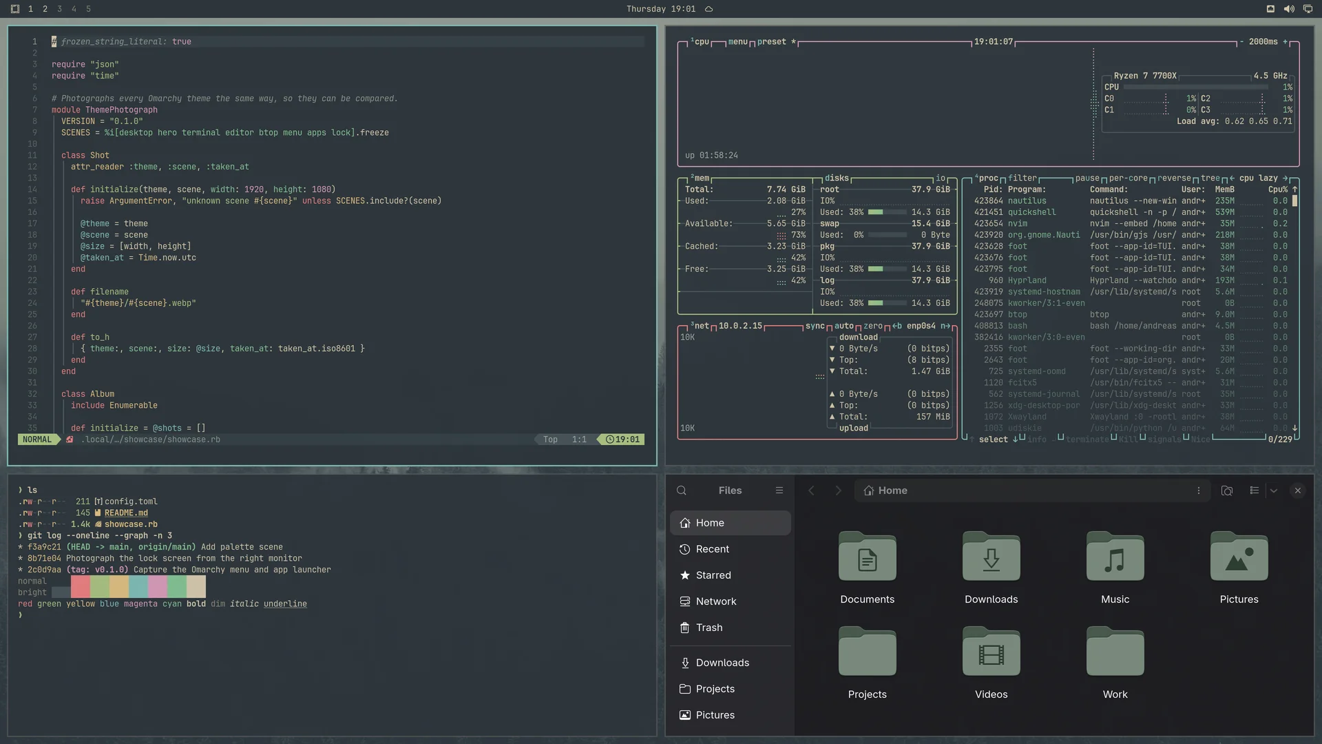 Everforest: Neovim, terminal, btop and Files