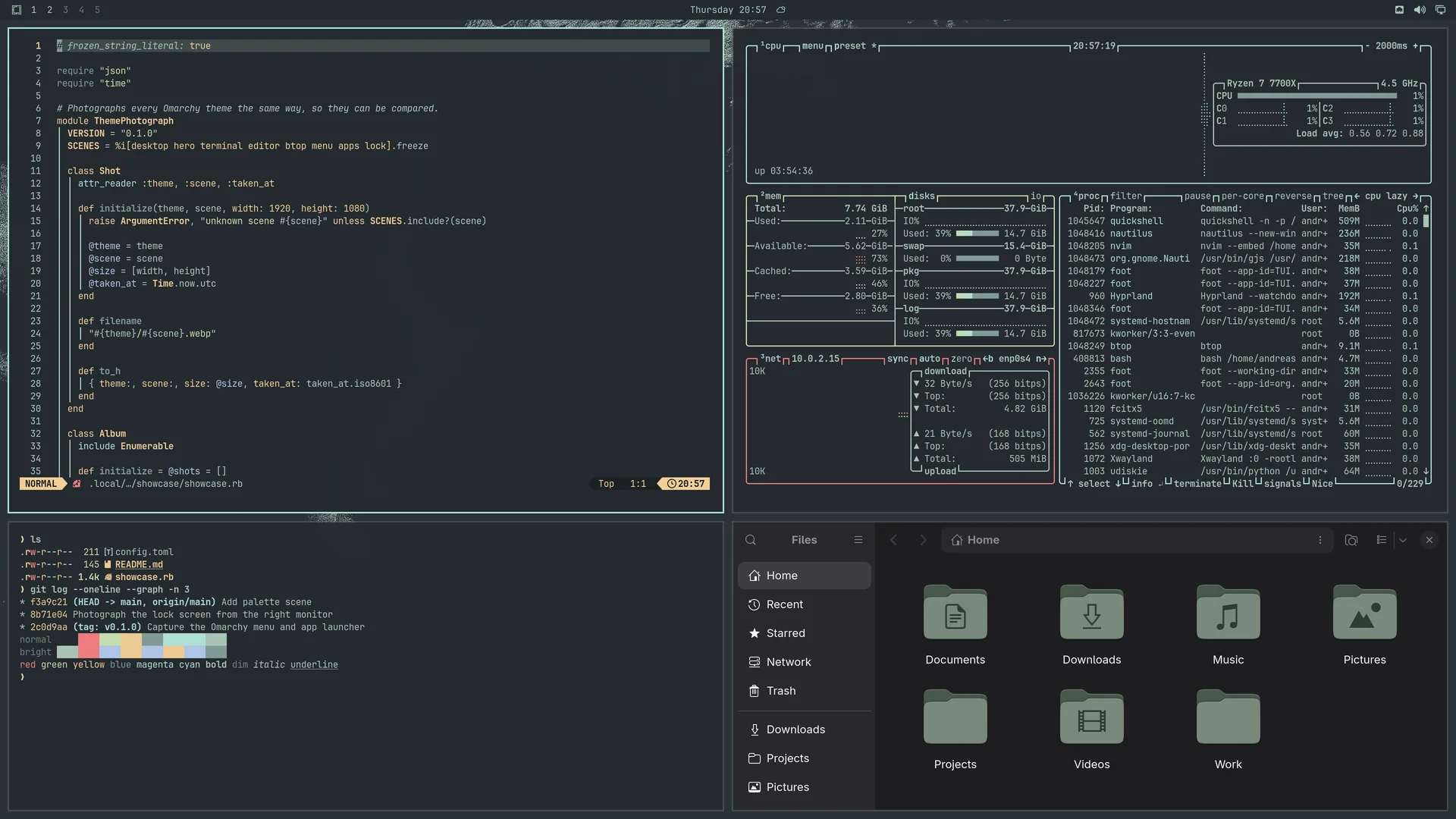 Evergarden: Neovim, terminal, btop and Files