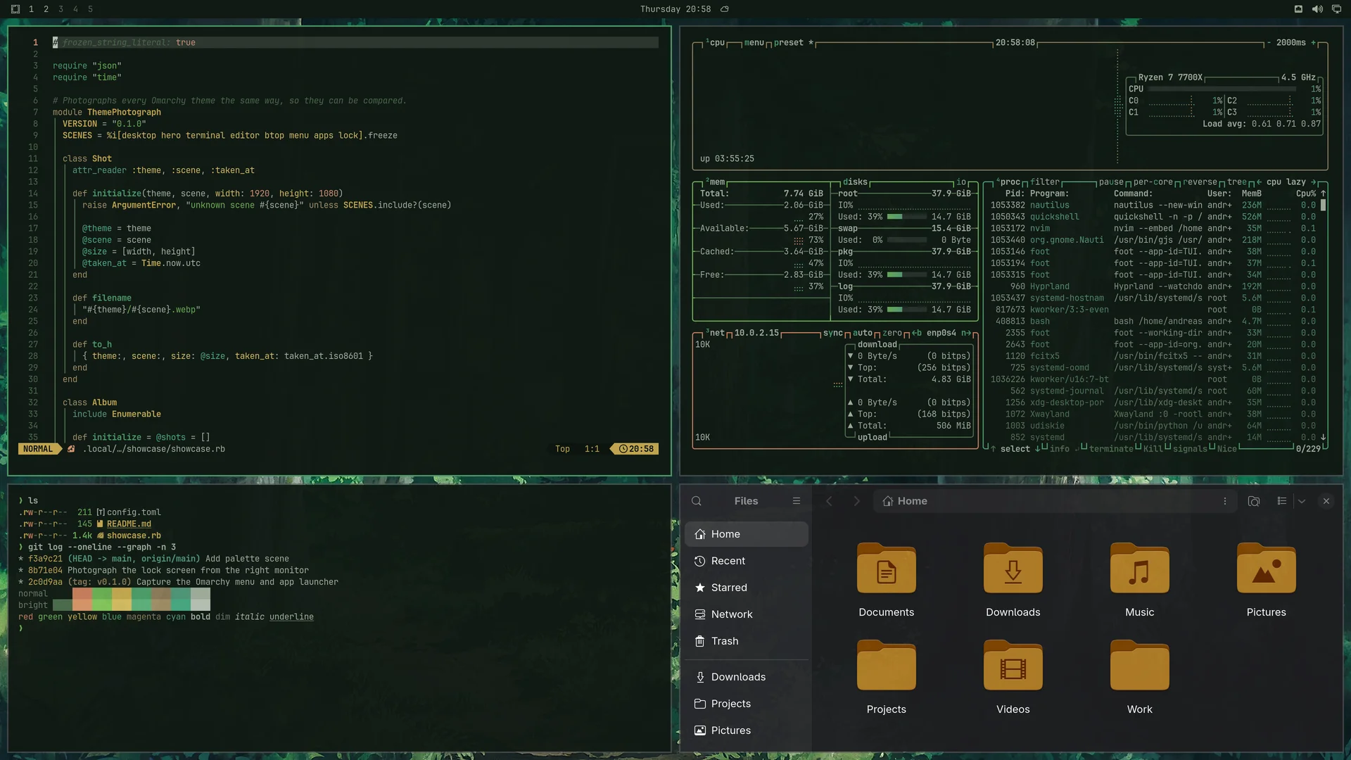 Evergreen: Neovim, terminal, btop and Files