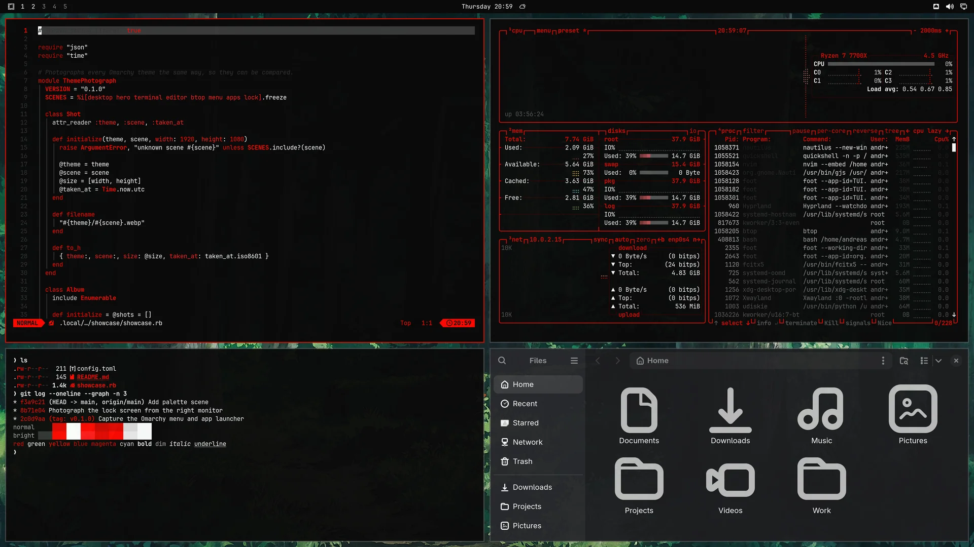 F1 Omarchy: Neovim, terminal, btop and Files