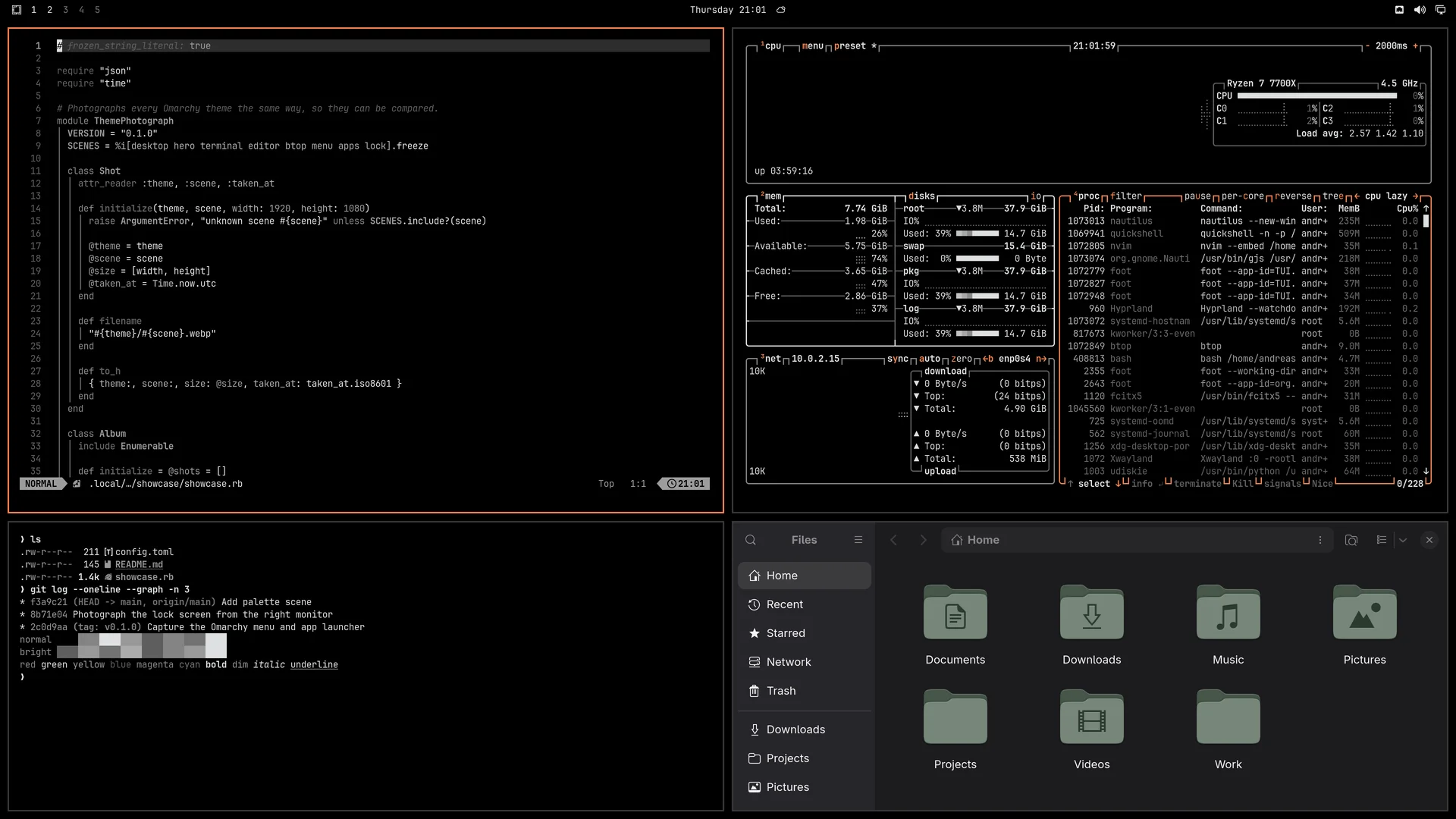 Felix: Neovim, terminal, btop and Files