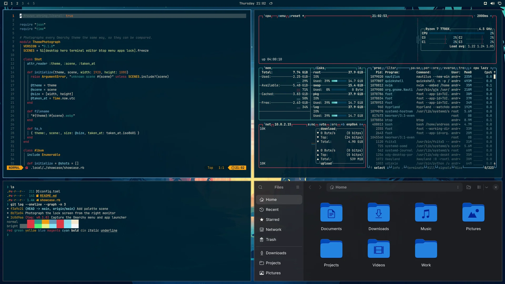 Fiery Ocean: Neovim, terminal, btop and Files