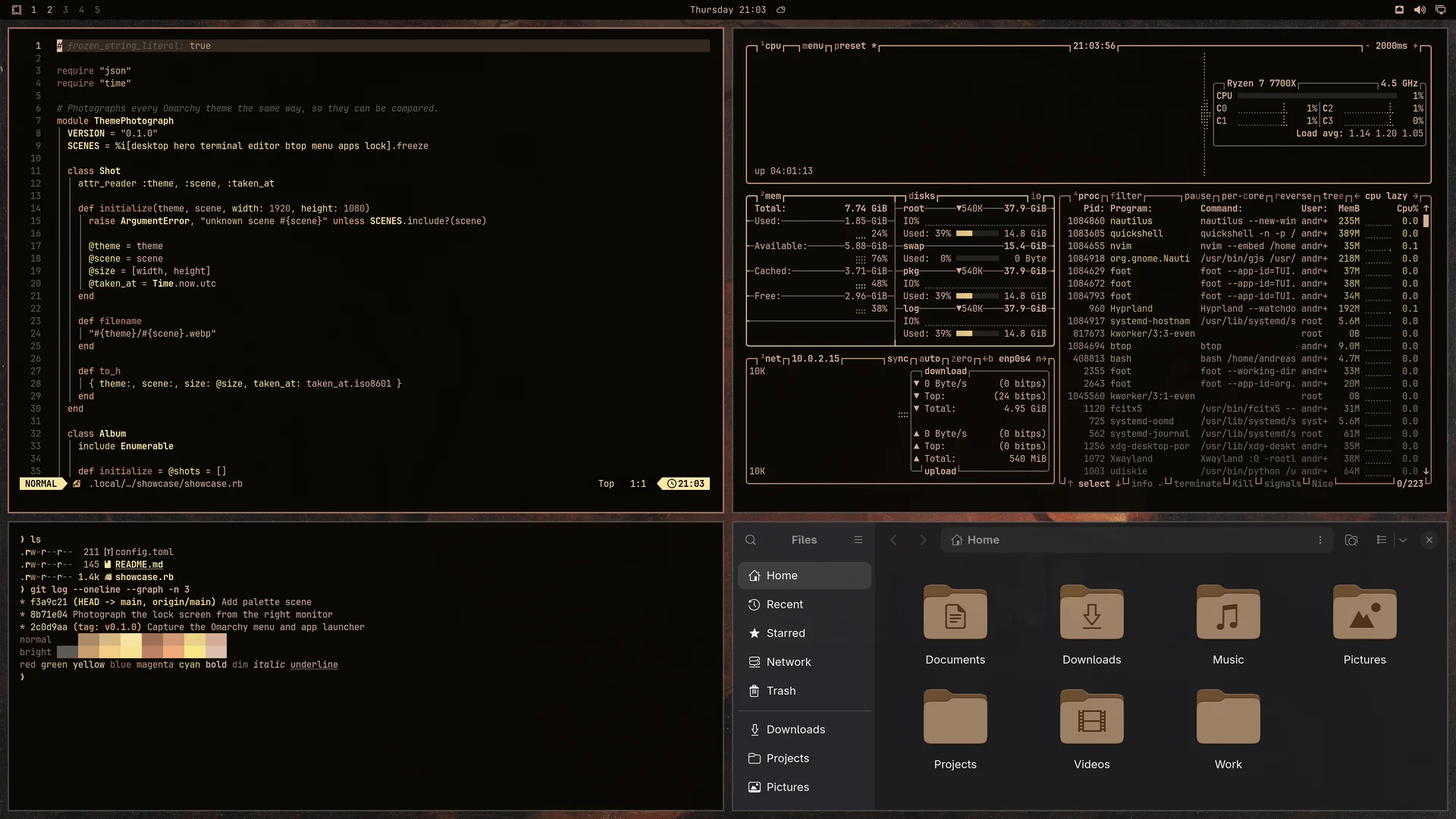 Fire And Shadow: Neovim, terminal, btop and Files