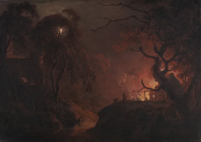 Fire And Shadow wallpaper: cottage on fire at night between 1785 1793